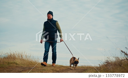 A Person Walking a Small Dog Along a Scenic Trail Under a Partly Cloudy Sky Surrounded by Grassy Hills and Open Landscape 133778972