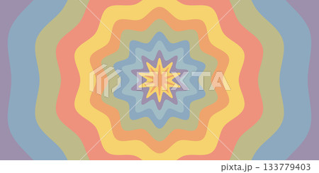Psychedelic star sun groovy radial background in soft rainbow colors with abstract wavy lines. Groovy radial psychedelic pattern. Ideal for wallpaper, branding, prints Psychedelic star sun groovy radial background in soft rainbow colors with abstract wavy lines. Groovy radial psychedelic pattern. Ideal for wallpaper, branding, prints 133779403