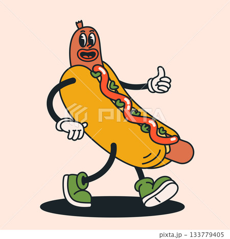 Retro hot dog character in a playful cartoon style with smiley face and lively walking pose. Groovy food illustration for stickers, branding, menus and fun vintage themed designs Retro hot dog character in a playful cartoon style with smiley face and lively walking pose. Groovy food illustration for stickers, branding, menus and fun vintage themed designs 133779405