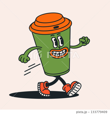 Coffee cup character in retro groovy cartoon style with expressive face. Groovy drink character design with vintage colors and playful motion. Perfect for stickers, apparel graphics and fun branding Coffee cup character in retro groovy cartoon style with expressive face. Groovy drink character design with vintage colors and playful motion. Perfect for stickers, apparel graphics and fun branding 133779409
