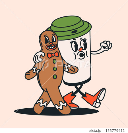 Retro groovy cartoon characters, walking coffee cup and a smiling gingerbread cookie in vintage style. Playful holiday coffee cup and cookie duo with expressive faces. Vector illustratio 133779411