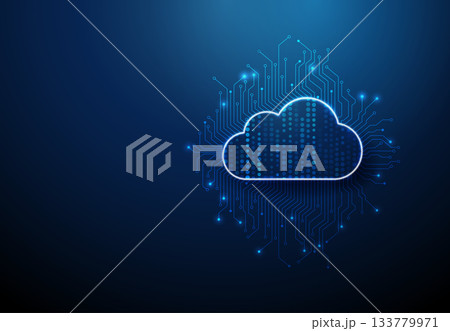 Cloud icon with streams of blue dots inside and circuit-like lines. Data storage, network infrastructure, microchip technology, information flow, online backup, AI concept. Cloud icon with streams of blue dots inside and circuit-like lines. Data storage, network infrastructure, microchip technology, information flow, online backup, AI concept. 133779971