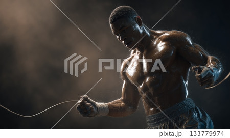 Muscular, sweating boxer fiercely skips rope during intense gym training, low-light dramatic profile shot emphasizing dedication and raw athletic power. Muscular, sweating boxer fiercely skips rope during intense gym training, low-light dramatic profile shot emphasizing dedication and raw athletic power. 133779974
