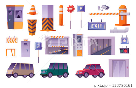 Parking. Different signs traffic barriers sidewalks exact vector undergrounf parking 133780161