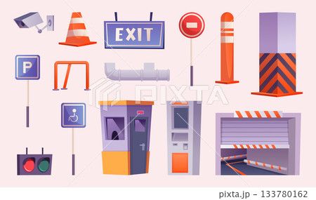 Underground parking. Signs sidewalks barriers and traffic lights for cars exact vector collection Underground parking. Signs sidewalks barriers and traffic lights for cars exact vector collection 133780162