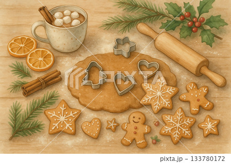 Watercolor Flat Lay of Christmas Gingerbread Baking with Cocoa and Spices 133780172