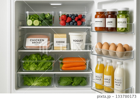 Open Refrigerator Full of Healthy Organic Food and Fresh Produce 133780173