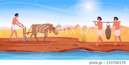 Egypt. Outdoor cartoon illustration of working egyptian people exact vector background Egypt. Outdoor cartoon illustration of working egyptian people exact vector background 133780176