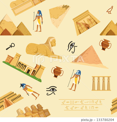Egypt pattern. seamless background with pyramids pharaohs and historical items 133780204