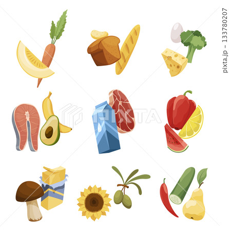 Colorful Variety of Fresh Food Items and Ingredients 133780207