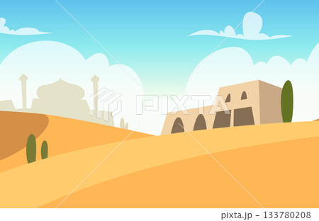East desert. vector landscape with historical east buildings muslim mosque East desert. vector landscape with historical east buildings muslim mosque 133780208