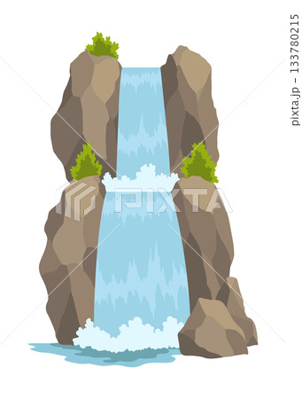 Cartoon river cascade waterfall. Landscape with mountains and trees. Design element for travel brochure or illustration mobile game. Fresh natural water 133780215