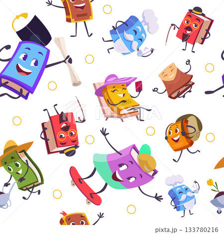 Books pattern. seamless background with books covers. vector template with funny characters 133780216