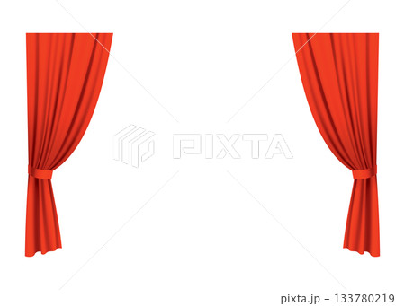 Red curtains realistic. Theater fabric silk decoration for movie cinema or opera hall. Curtains and draperies interior decoration object. Isolated on transparent for theater stage Red curtains realistic. Theater fabric silk decoration for movie cinema or opera hall. Curtains and draperies interior decoration object. Isolated on transparent for theater stage 133780219