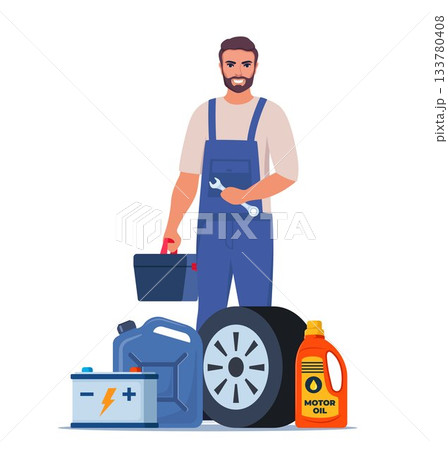 Man mechanic with a toolbox. Guy character in uniform with wrench in his hand. Auto service accessories composition with tool kit, gasoline canister and battery. Vector illustration. 133780408