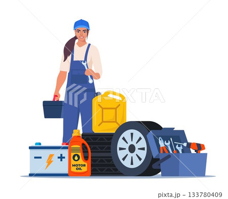 Woman mechanic with a toolbox. Girl character in uniform with wrench in her hand. Auto service accessories composition with tool kit, gasoline canister and battery. Vector illustration. Woman mechanic with a toolbox. Girl character in uniform with wrench in her hand. Auto service accessories composition with tool kit, gasoline canister and battery. Vector illustration. 133780409
