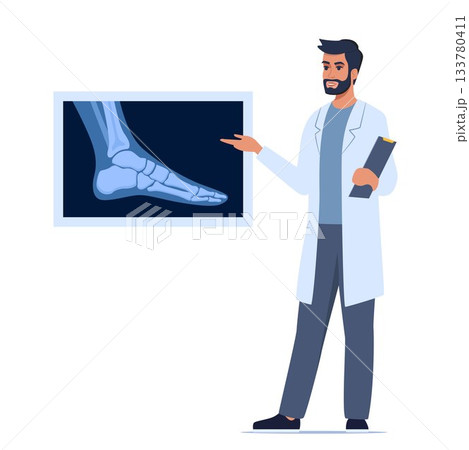 Doctor presenting human xray shot, gives a training lecture about anatomy. X ray human foot. Medical seminar, lecture. Vector illustration. 133780411