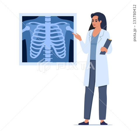 Doctor presenting human xray shot, gives a training lecture about anatomy. X ray of human skeleton chest. Medical seminar, lecture. Vector illustration. 133780412