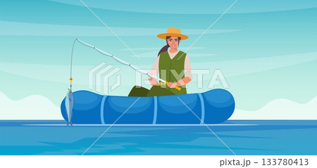 Woman fishing. Fisherman girl at lake or river. Female in vest and hat in rubber boat catching a fish. Outdoor recreation, leisure time. Vector illustration. 133780413