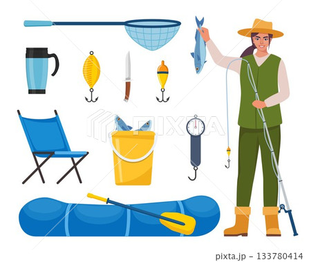 Woman fishing and Equipment for fishing. Fishing rod, float, inflatable rubber boat, landing net, fishers clothes, hook, fish, hat, flashlight, boots. Outdoor activity, recreation, hobby. Vector. 133780414