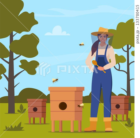Beekeeper woman at apiary, work with hives and honey bees. Girl Apiarist at farm with beehives and flower garden panorama. Apiculture worker beekeeping. Vector illustration. 133780415