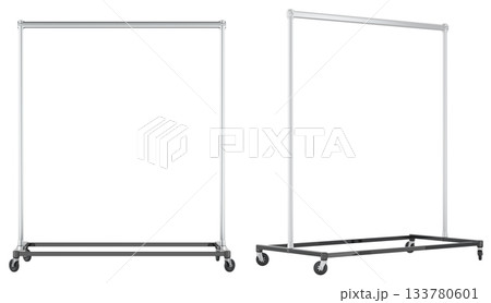 Metal clothing racks on wheels, front and side views. 3d rendering 133780601