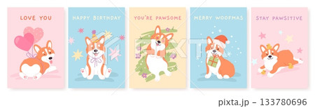 Corgi posters. Positive postcards with puppies, adorable dog banners. Birthday, christmas, st valentines day cards. Funny corgis racy vector templates 133780696