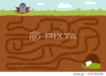 Mole maze game. Puzzle with cartoon mole, help rodent find way to home. Children development play, underground location with animal, classy vector scene 133780708