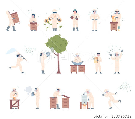 Equipped beekeepers. Cartoon beekeeper working on apiary, looking on hives, collect honey. Caring about bee in uniform, agriculture and beekeeping recent vector scenes 133780718