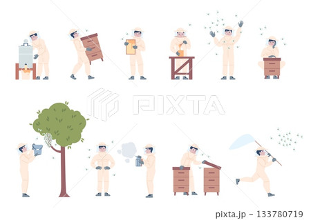 Beekeeper characters. Flat beekeepers collect honey, caring about bee, honeycombs and hives. Seasonal harvesting, apiary farm, agriculture recent vector set Beekeeper characters. Flat beekeepers collect honey, caring about bee, honeycombs and hives. Seasonal harvesting, apiary farm, agriculture recent vector set 133780719