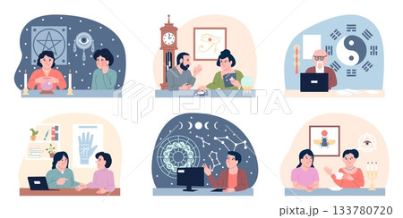 Modern esoteric characters. Modern magical practices, palmist, astrologer, tarot card reading. Visitors can learn their destiny from magician, recent vector scenes Modern esoteric characters. Modern magical practices, palmist, astrologer, tarot card reading. Visitors can learn their destiny from magician, recent vector scenes 133780720