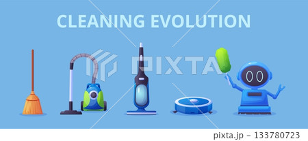 Various cleaning equipment. Vacuum cleaning, broomstick, robotics cleaner character. Technology evolution in clean digital devices, nowaday vector concept Various cleaning equipment. Vacuum cleaning, broomstick, robotics cleaner character. Technology evolution in clean digital devices, nowaday vector concept 133780723