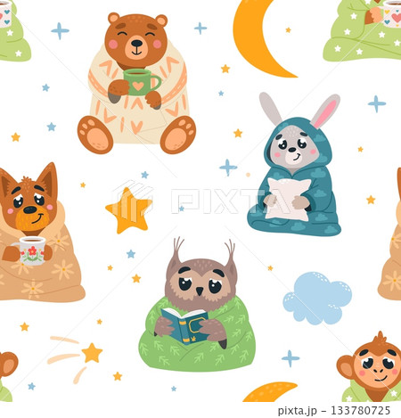 Cozy animals seamless pattern. Wild animal in warm knitting blanket or plaid. Bed time print for fabric or wallpaper with children mascots, classy vector background 133780725