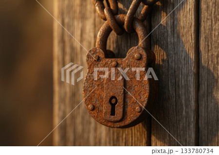 Rusty Padlock On Weathered Wooden Door Rusty Padlock On Weathered Wooden Door 133780734