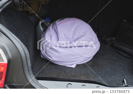 Car trunk with purple bag and gray container 133780873