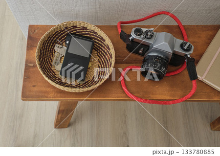 Everyday objects on wooden table displaying retro style Everyday objects on wooden table displaying retro style 133780885