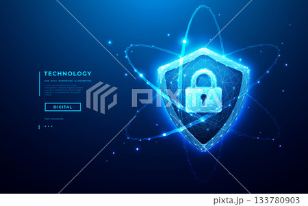 Cyber security concept. Digital shield icon with lock symbol glowing 133780903