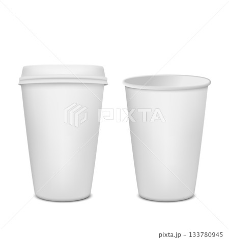 Paper Coffee Cup Mockup Set. White Paper Coffee Cup with Lid and Without Lid, Blank Paper Coffee Cup Template for Takeaway Coffee, Cafe Branding, Logo Design and Hot Drink Packaging 133780945