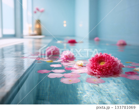 水面に浮かぶガーベラと花びらが彩る癒しのリラクゼーション空間 133781069