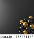 Black and gold holiday baubles: Corner arrangement for dark promotion background Black and gold holiday baubles: Corner arrangement for dark promotion background 133781187