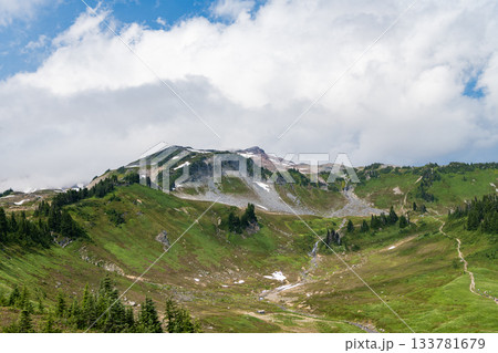 Mountainous landscape with cloudy sky. Scenic green hill mountain. Picturesque summer day in wild mountain with coniferous forest and green slopes. Mountain landscape with meadow, Alps Mountainous landscape with cloudy sky. Scenic green hill mountain. Picturesque summer day in wild mountain with coniferous forest and green slopes. Mountain landscape with meadow, Alps 133781679