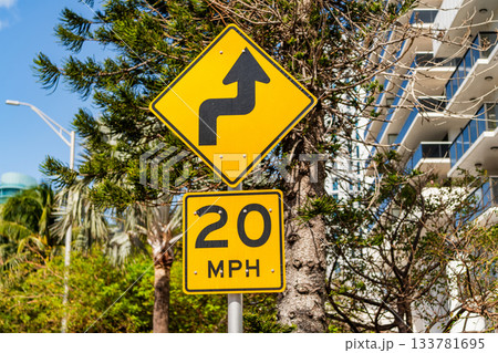 Road sign of speed limit 20 mph. Caution yellow road sign. Traffic sign on the road. Attention caution road sign. Speed limit 20 mph. Direction route sharp turn Road sign of speed limit 20 mph. Caution yellow road sign. Traffic sign on the road. Attention caution road sign. Speed limit 20 mph. Direction route sharp turn 133781695
