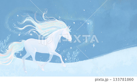 illustration with in a form of a blue horse with long hair is walking in the snow surrounded by a starry sky ,a flat design an abstract background, uses vector graphics for a children's book illustr illustration with in a form of a blue horse with long hair is walking in the snow surrounded by a starry sky ,a flat design an abstract background, uses vector graphics for a children's book illustr 133781860