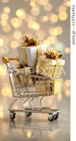 Shopping cart full of golden gift boxes 133782452