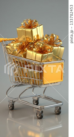 Shopping cart brimming with golden gift boxes 133782453
