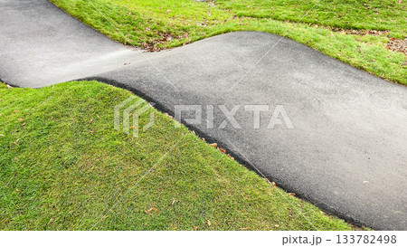 Curved asphalt pump track for cycling and wheeled sports, surrounded by vibrant green grass in a modern park 133782498