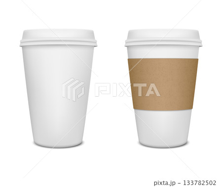 Paper Coffee Cup and Sleeve Set. White Paper Coffee Cup with Lid and Kraft Coffee Sleeve, Blank Takeaway Coffee Cup Mockup Template for Cafe Branding Design, Logo Design and Hot Drink Packaging Art 133782502