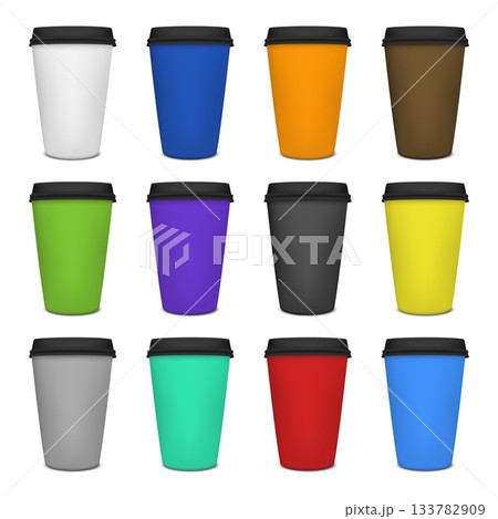 Color Paper Coffee Cup Set. Colorful Paper Coffee Cups with Black Lids, Collection of Takeaway Coffee Cup Colors for Cafe Branding, Logo Design, Packaging and Hot Drink Coffee Cup Illustration Color Paper Coffee Cup Set. Colorful Paper Coffee Cups with Black Lids, Collection of Takeaway Coffee Cup Colors for Cafe Branding, Logo Design, Packaging and Hot Drink Coffee Cup Illustration 133782909