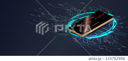 Digital smartphone with circuitry design presented against a dark background showcasing technology influence on modern devices 133782998