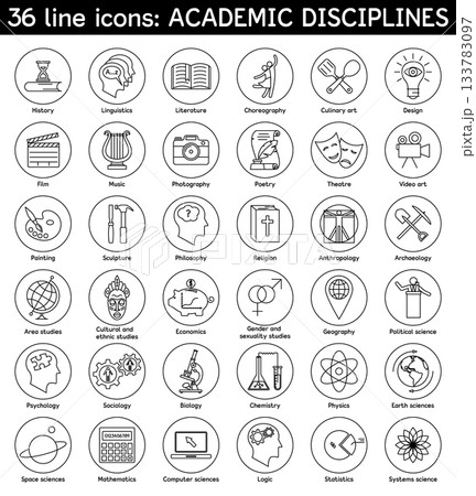 Academic Disciplines Line Icons. Academic Disciplines Icons, Education Line Icons Set for School, College and University Subjects, Science and Humanities Outline Icon Collection Academic Disciplines Line Icons. Academic Disciplines Icons, Education Line Icons Set for School, College and University Subjects, Science and Humanities Outline Icon Collection 133783097